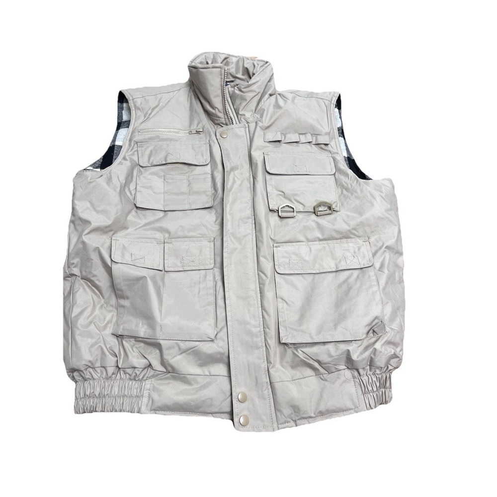 Maxxsel Mens Utility Vest Size L Tan Khaki Plaid Lined Fishing Hunting Outdoor